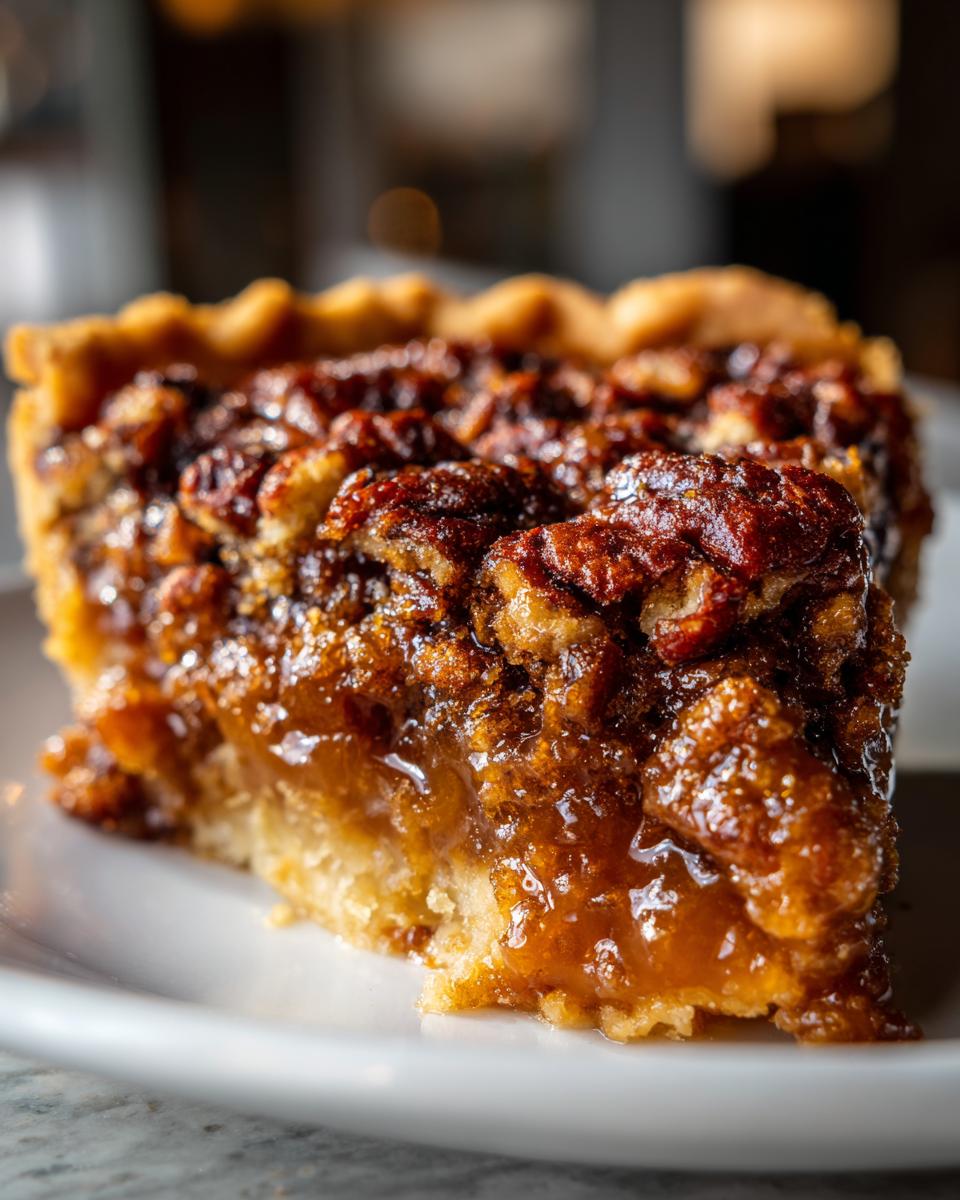 A close-up, mouth-watering slice of pecan pie cobbler recipe featuring a thick, gooey caramel filling and toasted pecans on a flaky crust.