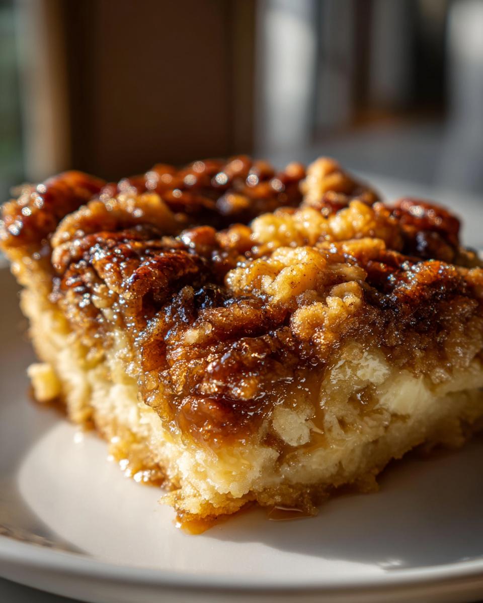 A close-up, sunlit shot of a square slice of pecan pie cobbler recipe showing a gooey, caramelized pecan topping over a soft, cake-like base.