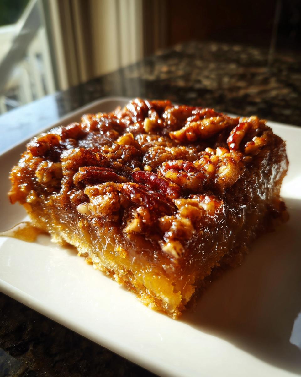 A close-up, sunlit square serving of gooey pecan pie cobbler recipe with a thick pecan topping.