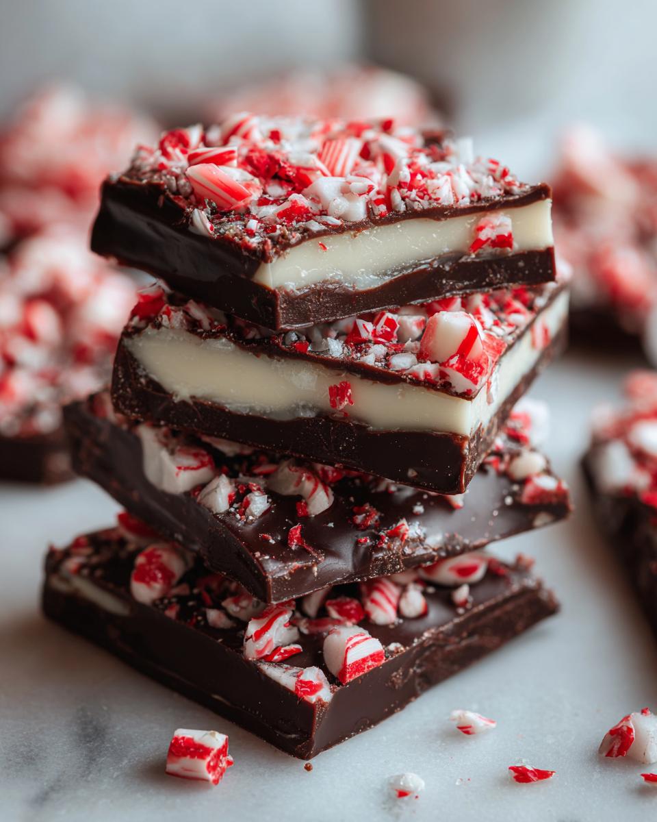 A stack of four pieces of homemade peppermint bark recipe, featuring dark chocolate, white filling, and crushed candy canes.