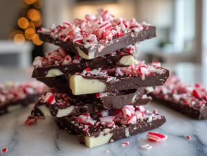 Stack of dark and white chocolate peppermint bark recipe pieces topped with crushed candy canes.