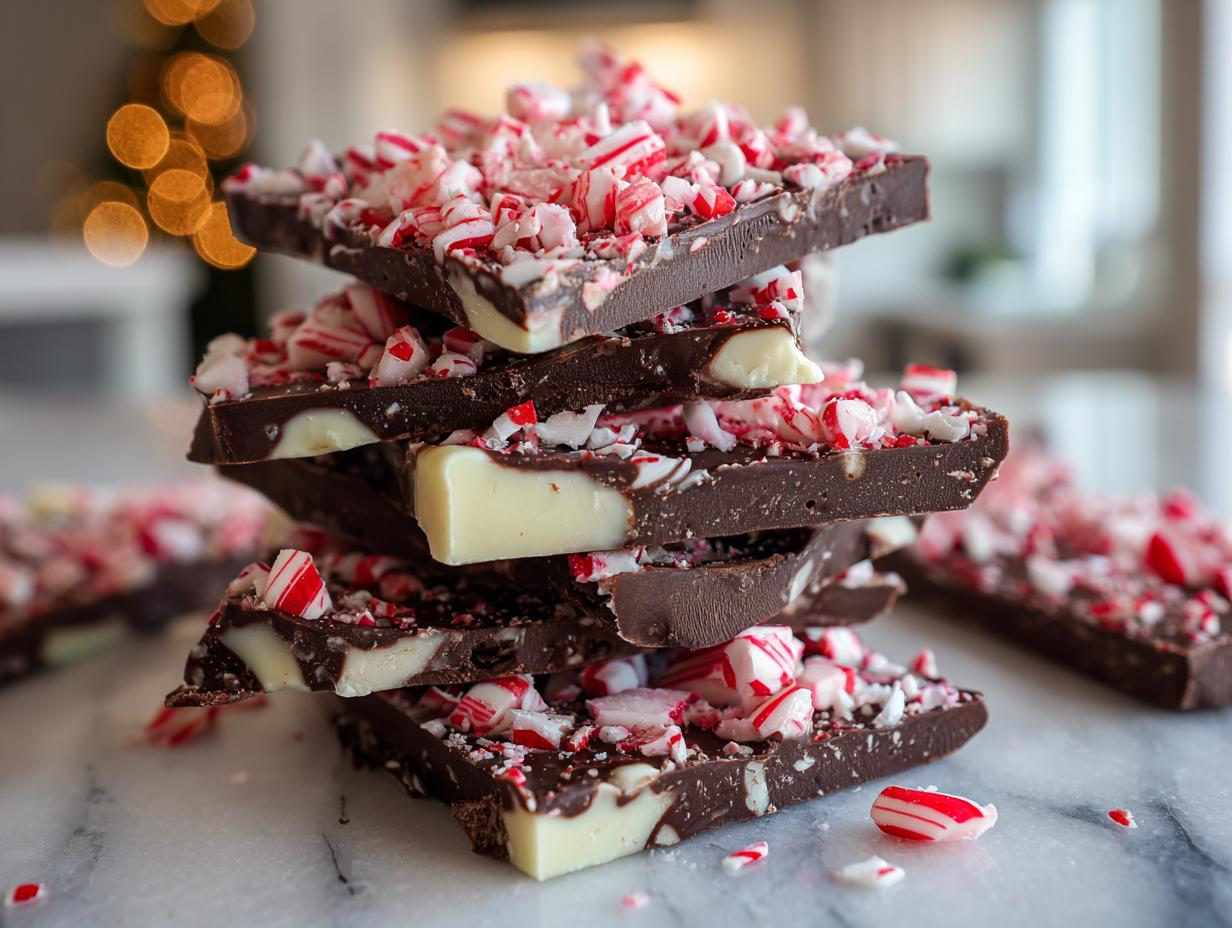 Stack of dark and white chocolate peppermint bark recipe pieces topped with crushed candy canes.