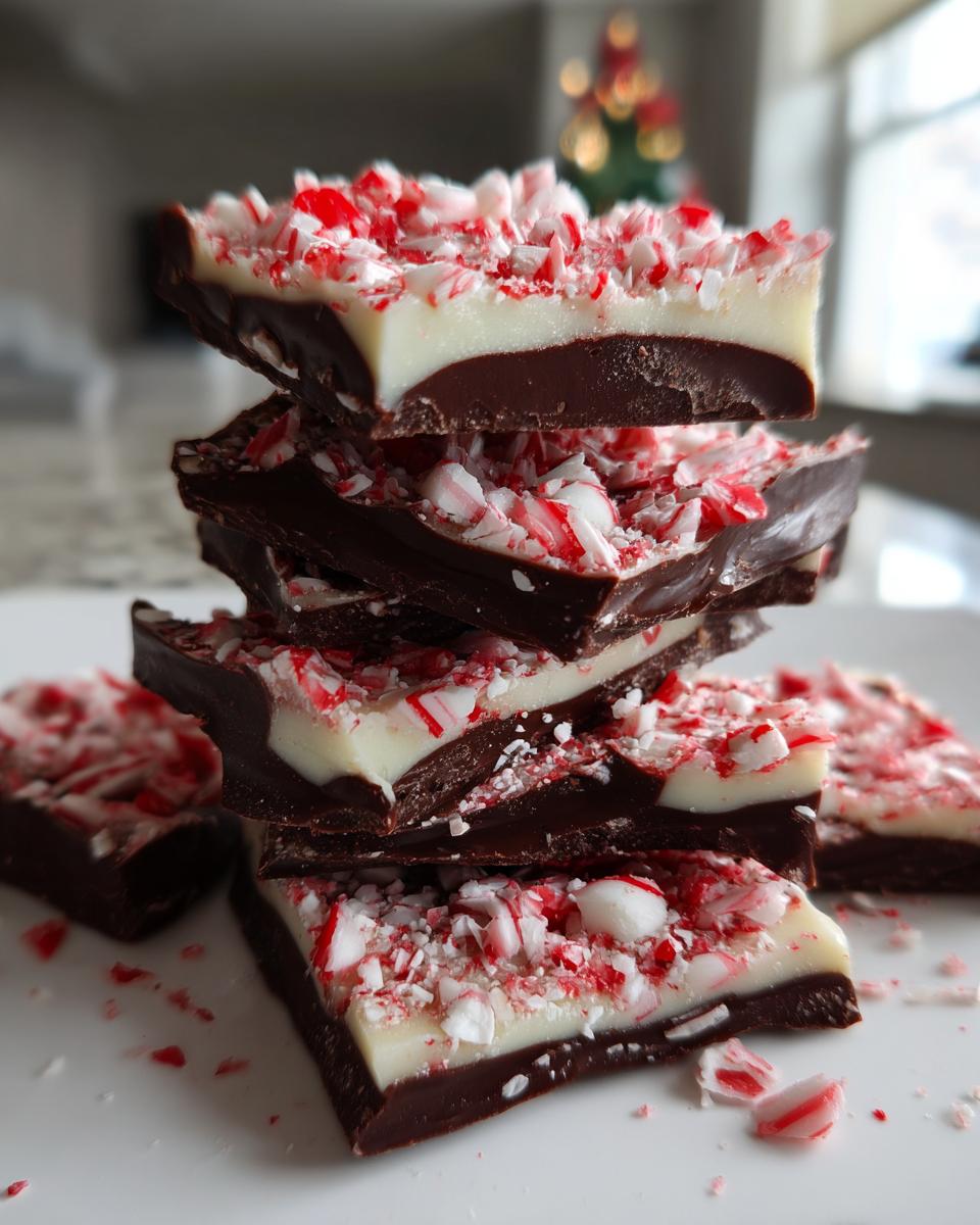 A stack of dark and white chocolate peppermint bark recipe pieces topped with crushed candy canes.