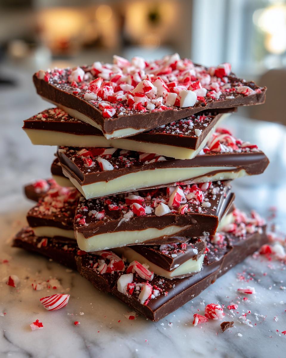 A stack of chocolate squares showing dark chocolate, white filling, and crushed candy canes for the peppermint bark recipe.