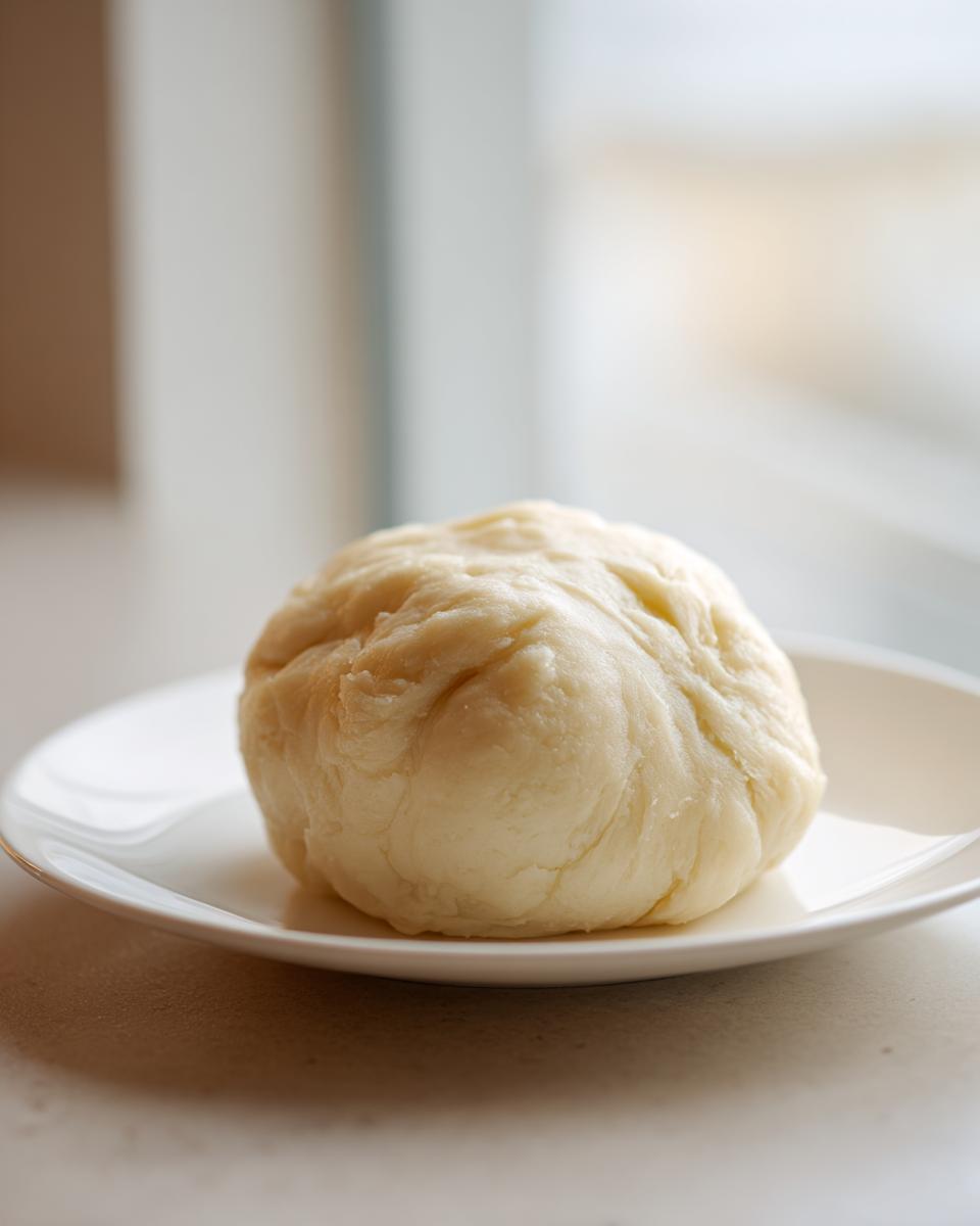 A single, smooth, pale yellow ball of freshly made fufu resting on a small white plate.
