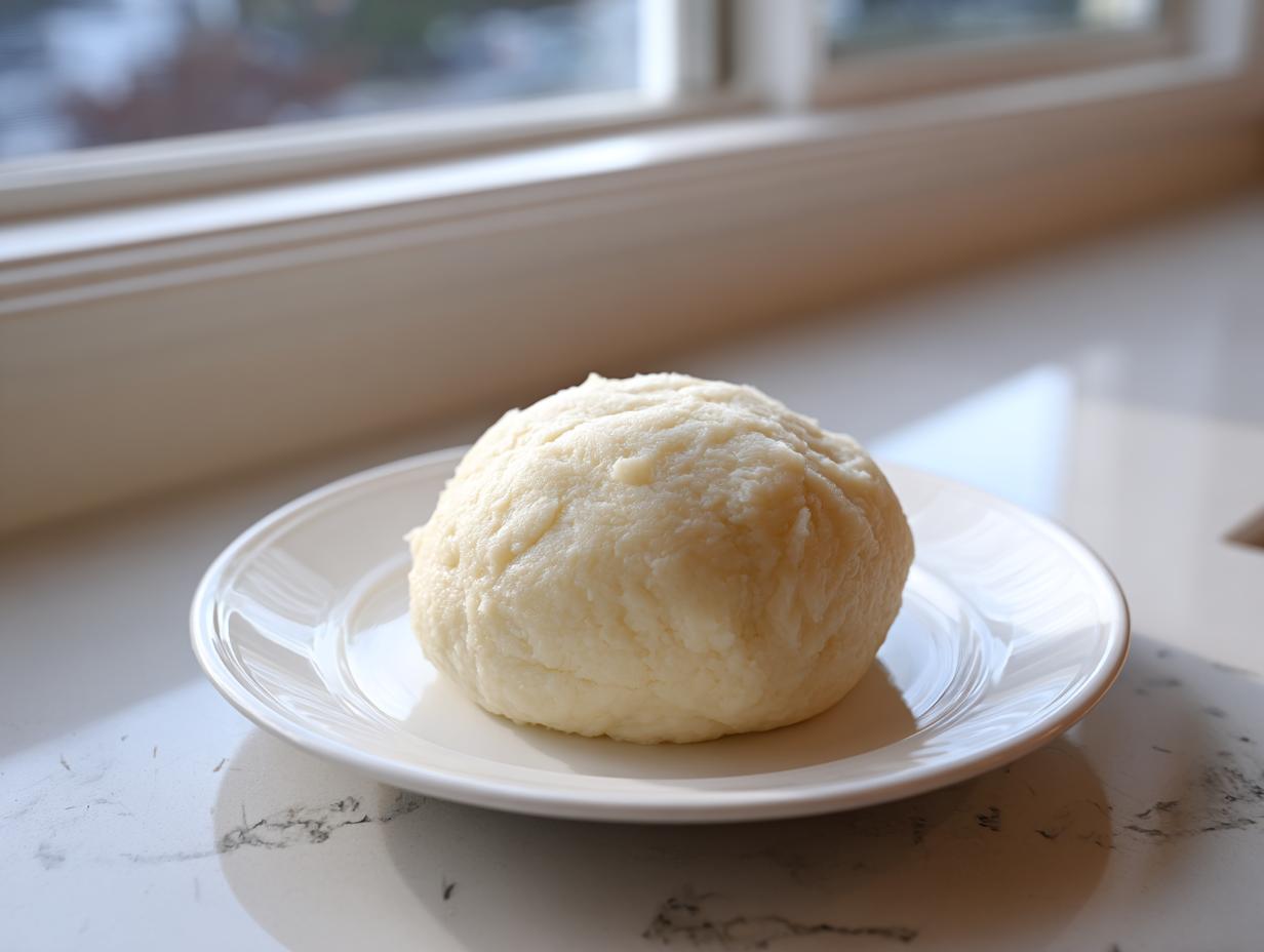 A smooth, pale yellow ball of fufu resting on a small white plate near a sunlit window.