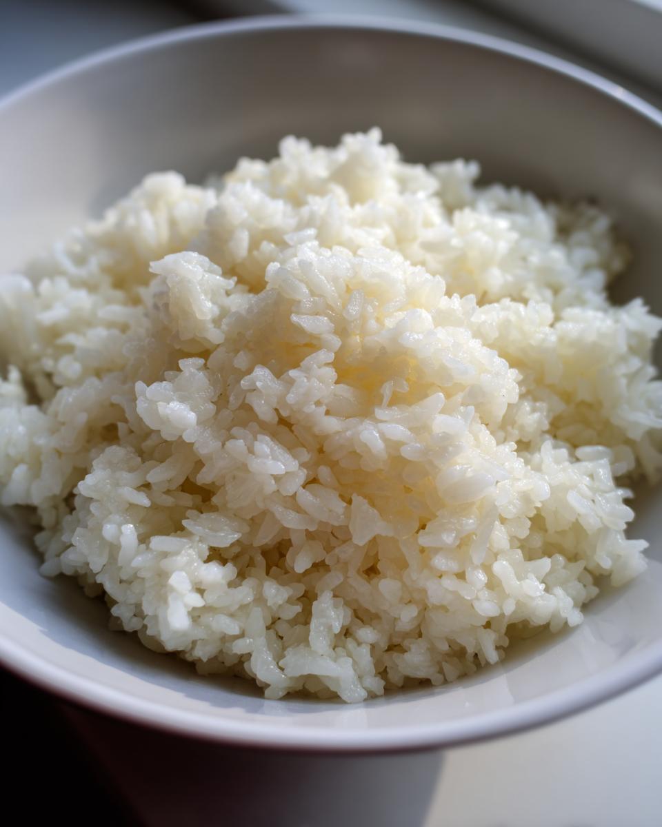 Close-up of fluffy, perfectly cooked sushi rice piled high in a white ceramic bowl.