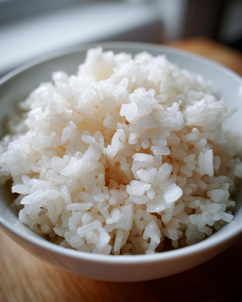 Close-up of perfectly cooked, glossy sushi rice mounded high in a small white bowl.