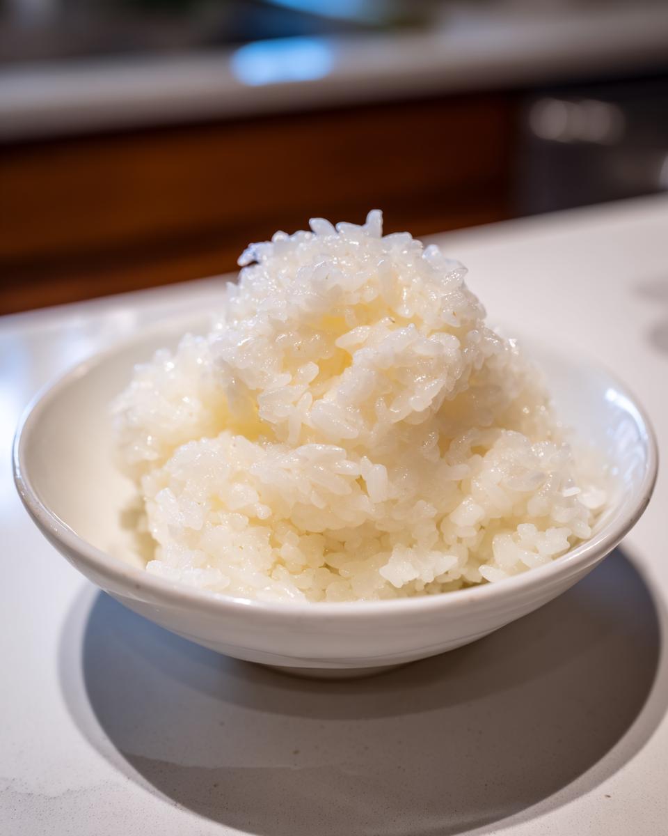Close-up of perfectly seasoned, sticky sushi rice mounded in a small white bowl.