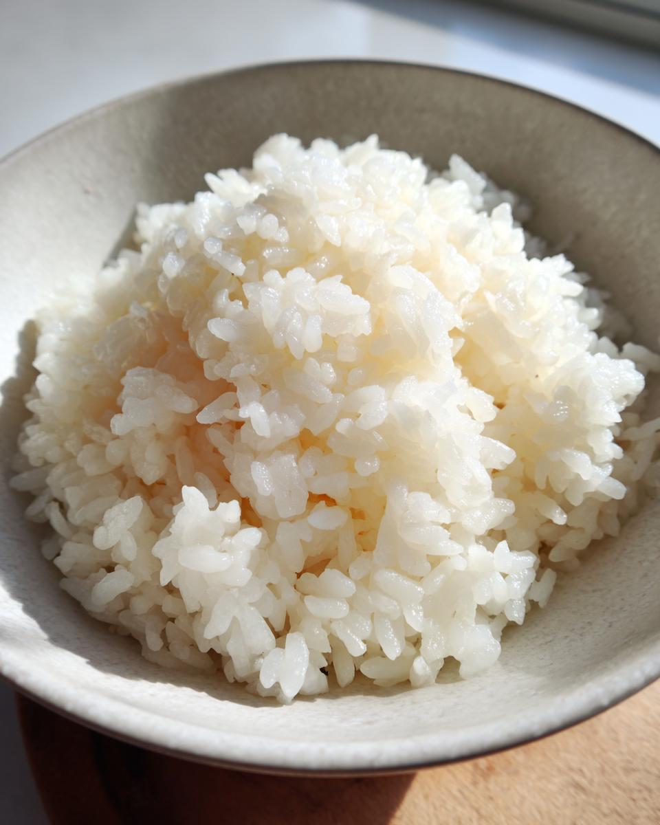 Close-up of fluffy, perfectly cooked sushi rice piled high in a light ceramic bowl.
