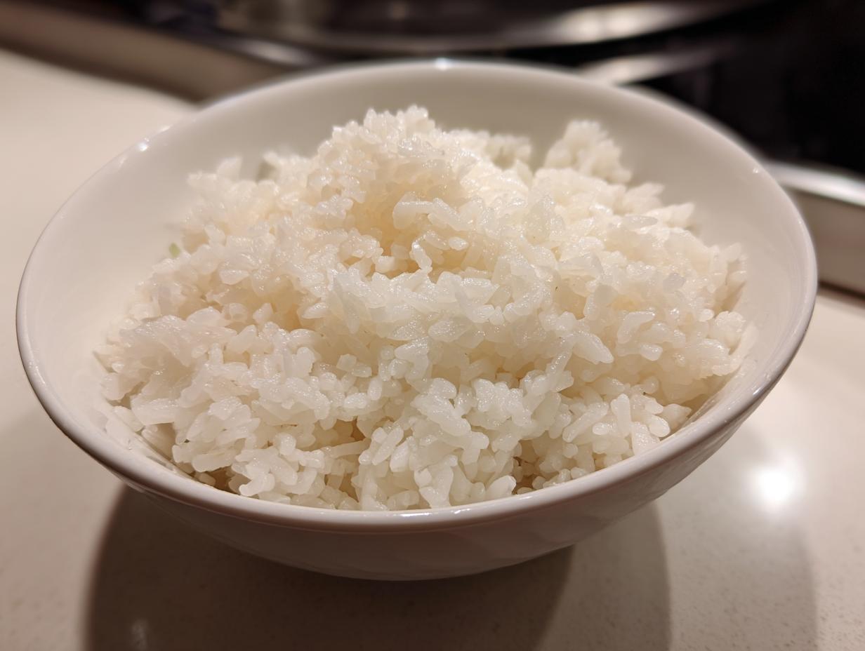Close-up of fluffy, perfectly cooked sushi rice steaming slightly in a small white bowl.
