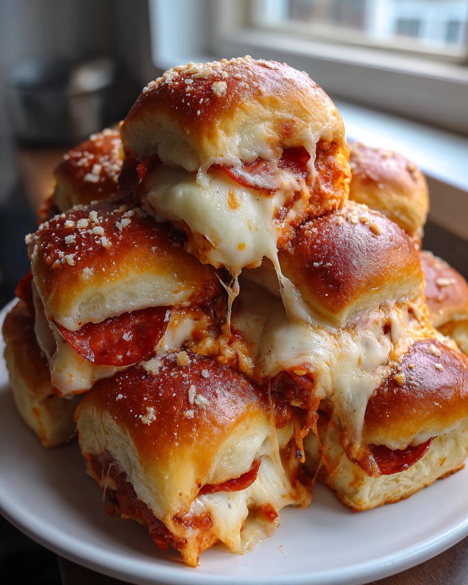 A stack of gooey, cheesy pizza sliders with pepperoni, featuring melted cheese dripping down the sides.