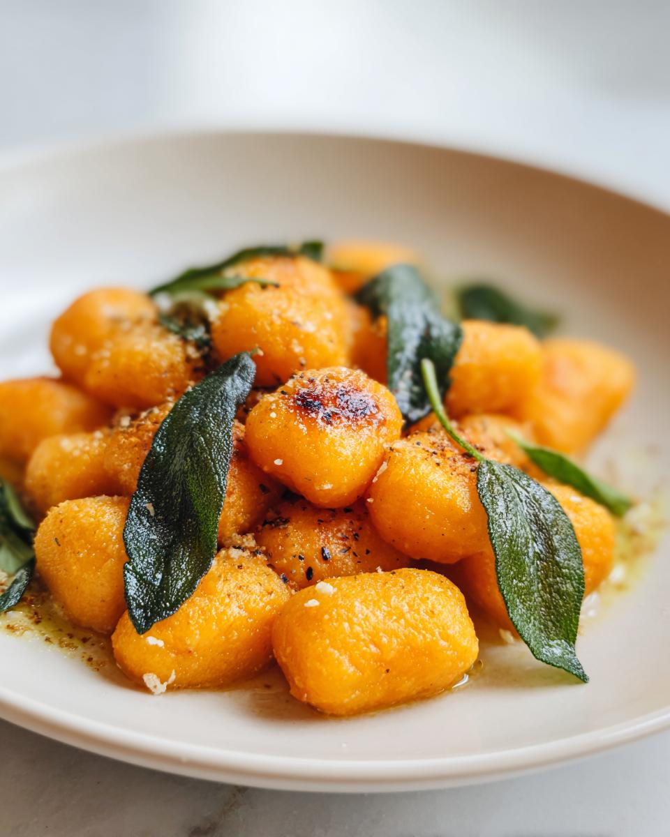 A close-up of bright orange sweet potato gnocchi tossed in brown butter with crispy sage leaves and grated cheese.