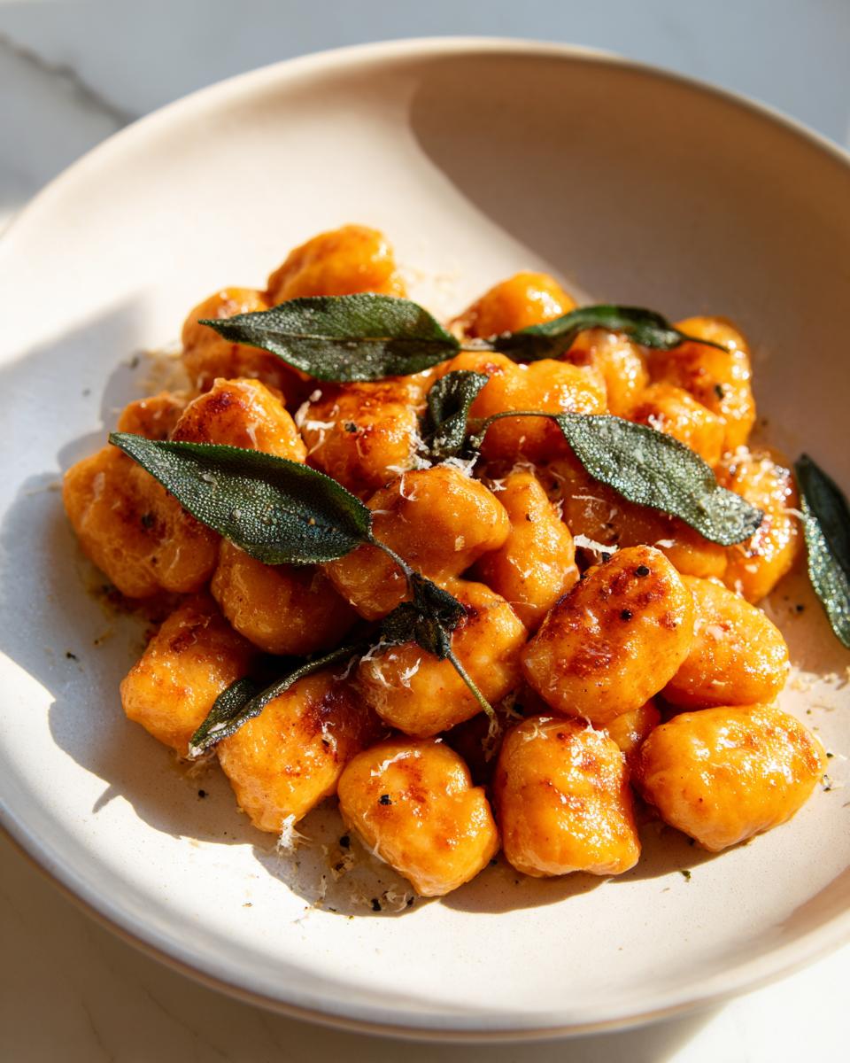 A close-up of bright orange sweet potato gnocchi tossed in butter and topped with crispy sage leaves and grated cheese.