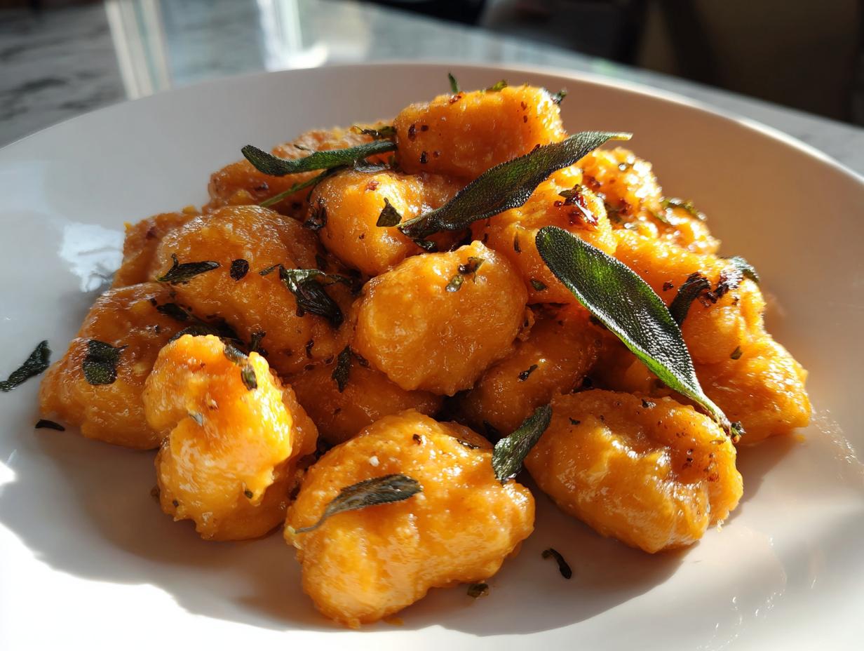 A close-up of bright orange sweet potato gnocchi tossed in sauce and garnished with fresh sage leaves.