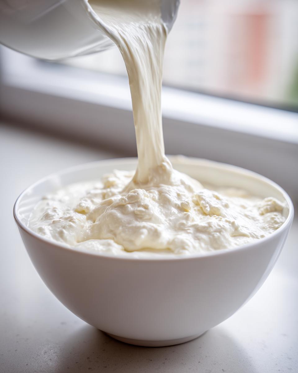 Thick cream being poured into a white bowl containing the base for homemade cream of chicken soup.