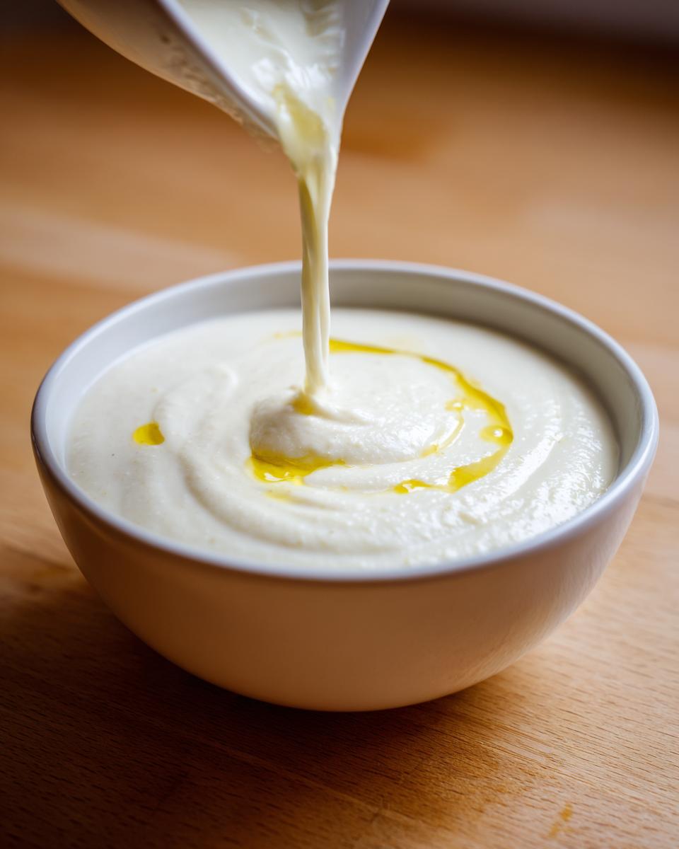 Pouring cream into a bowl of thick, white roasted cauliflower soup garnished with olive oil.