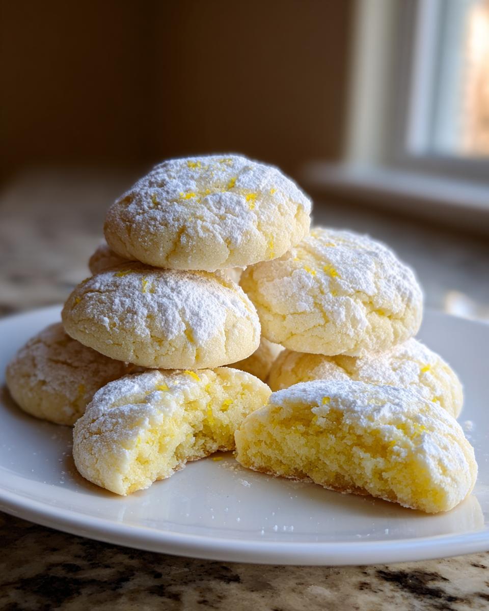 A stack of soft, powdered sugar-dusted lemon cookies, with one broken in half showing the bright yellow interior.