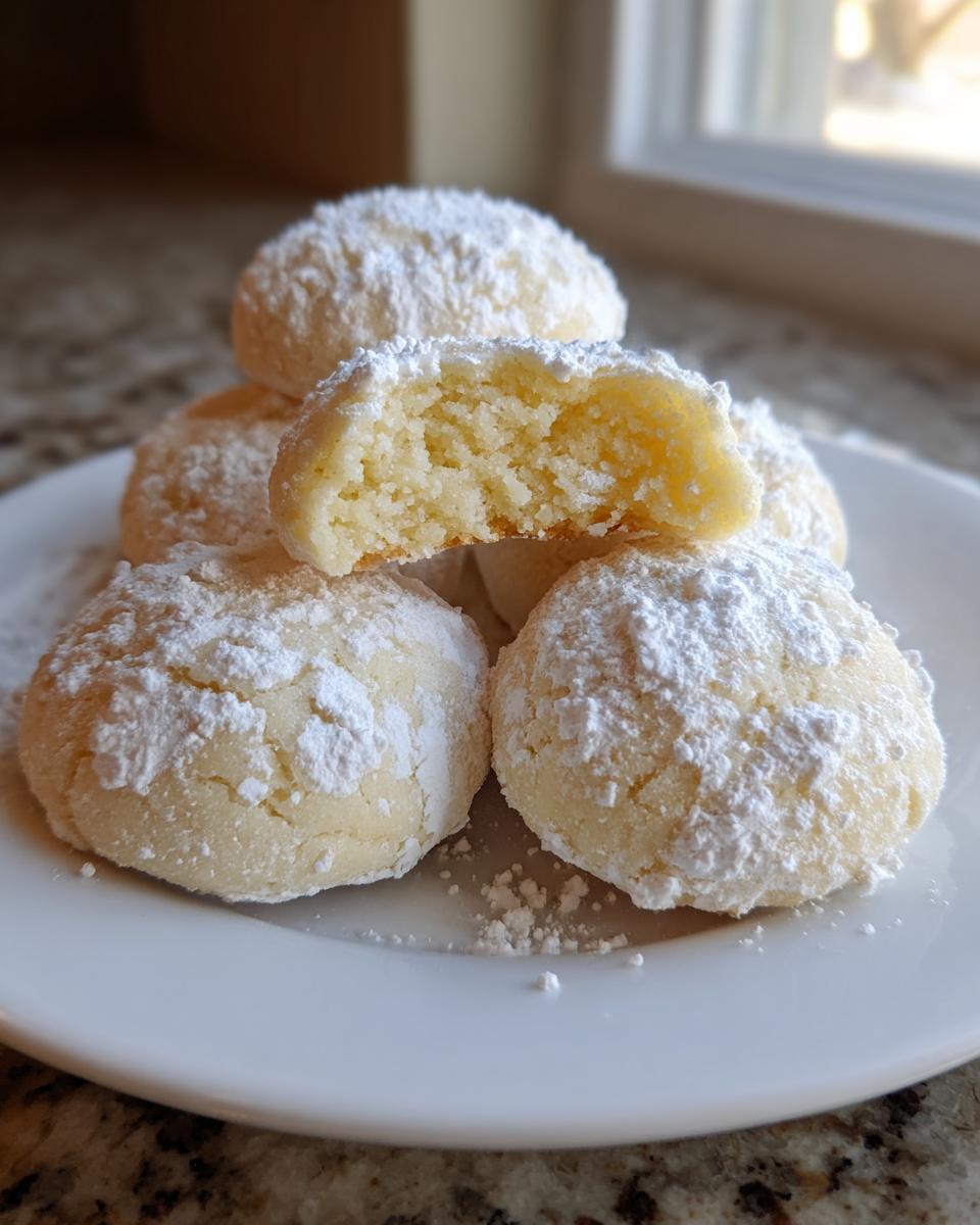 A stack of soft, powdered sugar-dusted lemon cookies, with one cookie broken open to show the crumb.