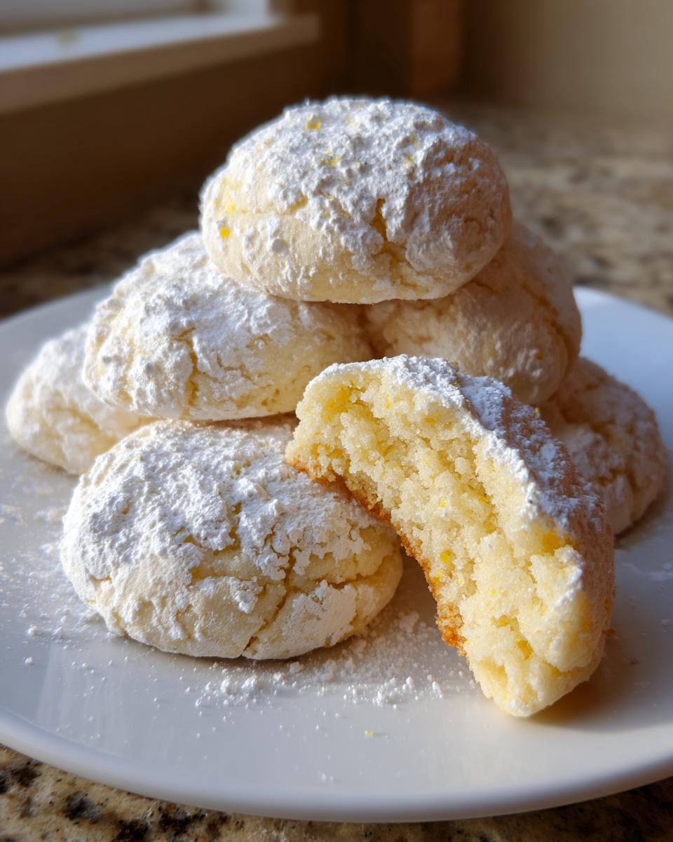A stack of soft, powdered sugar lemon cookies, with one cookie broken open to show the moist interior.