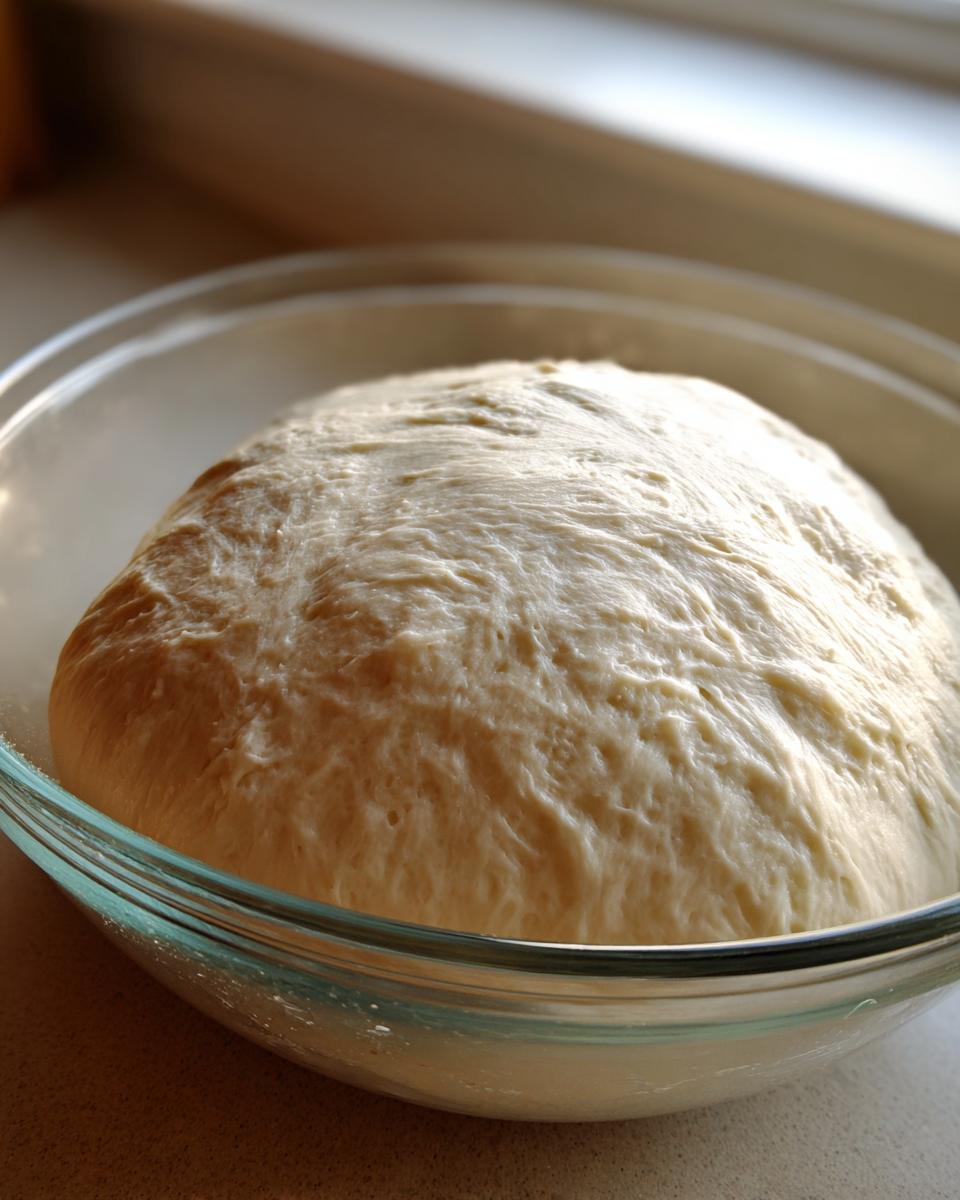 Close-up of fluffy, risen pizza dough recipe resting in a clear glass bowl after the first rise.