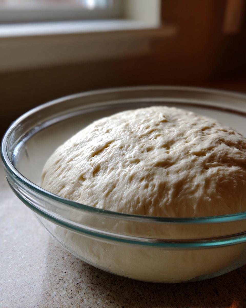 A large, puffy ball of risen pizza dough recipe resting in a clear glass bowl.