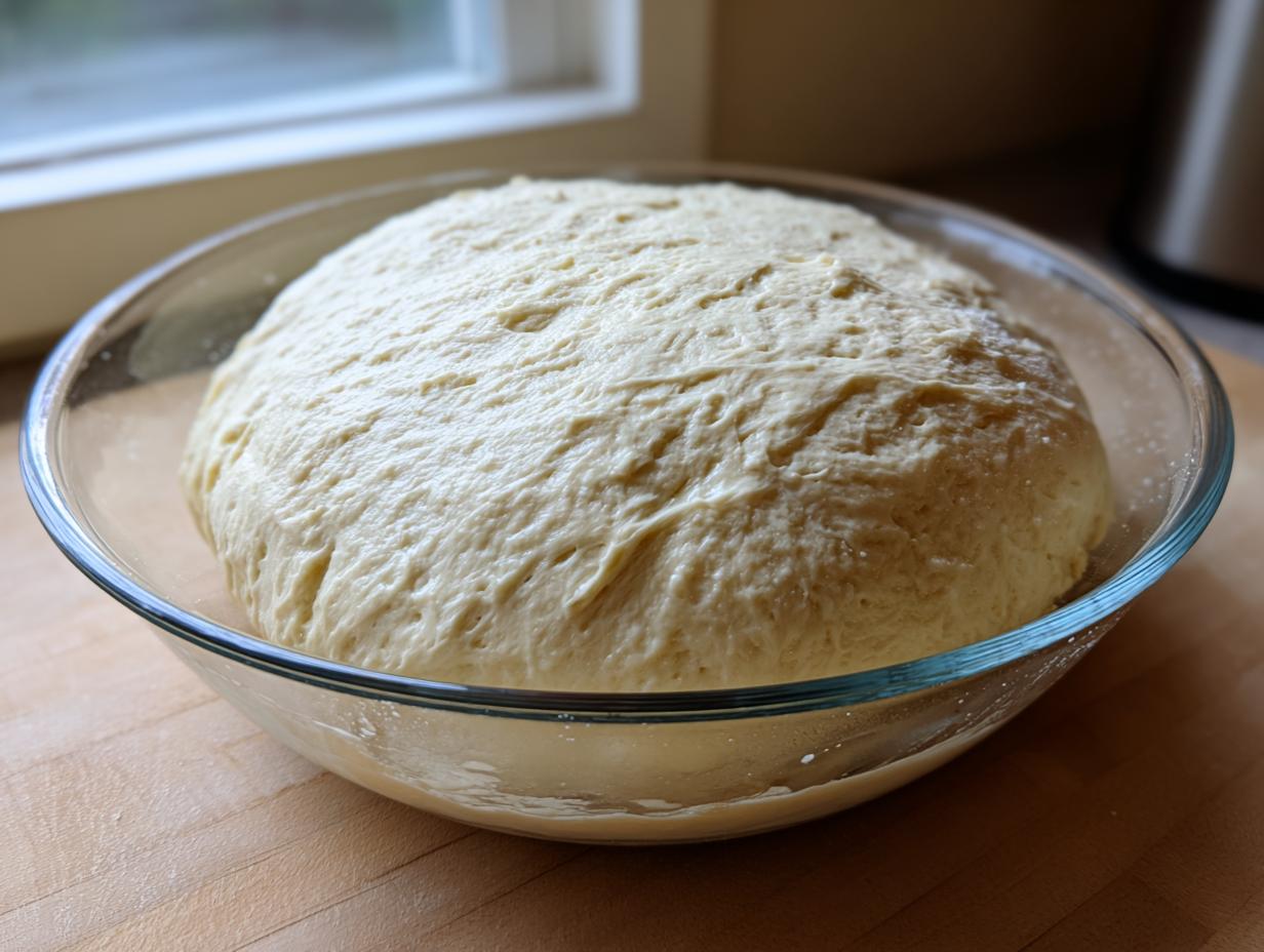 A large, risen ball of pizza dough recipe resting in a clear glass bowl on a wooden surface.