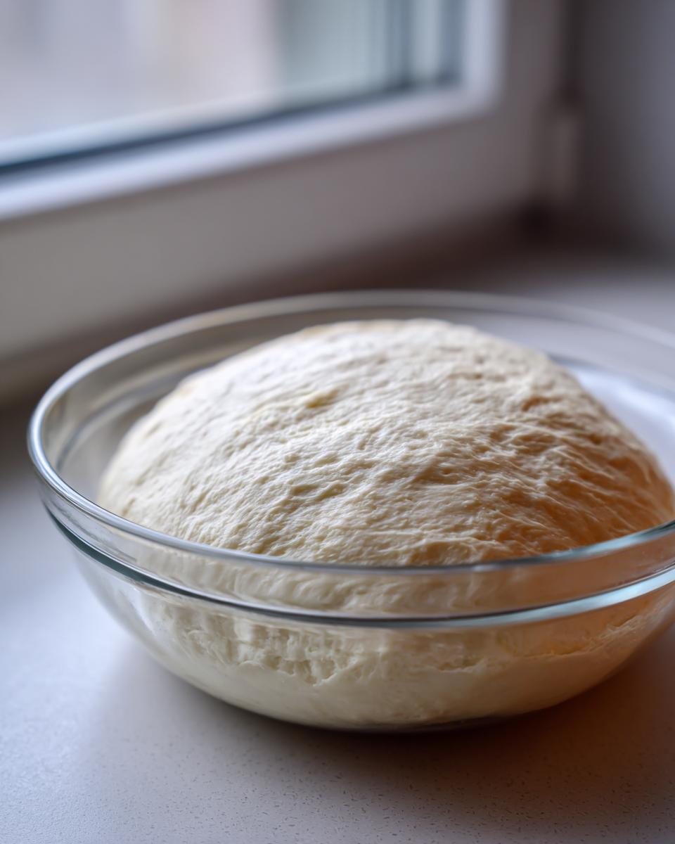 A large, airy ball of proofed pizza dough recipe resting in a clear glass bowl near a window.