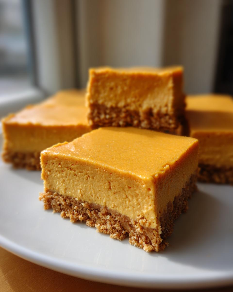 A close-up view of thick, square pumpkin cheesecake bars with a graham cracker crust on a white plate.