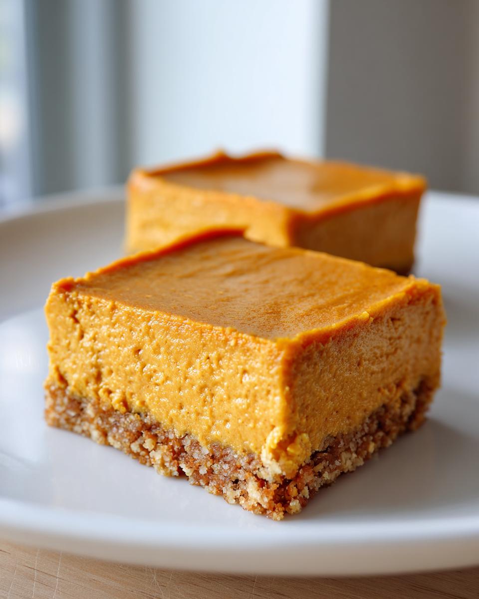 Two thick, square pumpkin cheesecake bars with a graham cracker crust sitting on a white plate.