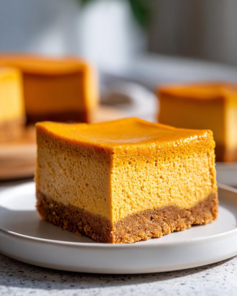 A thick, square slice of rich orange pumpkin cheesecake bars with a graham cracker crust.