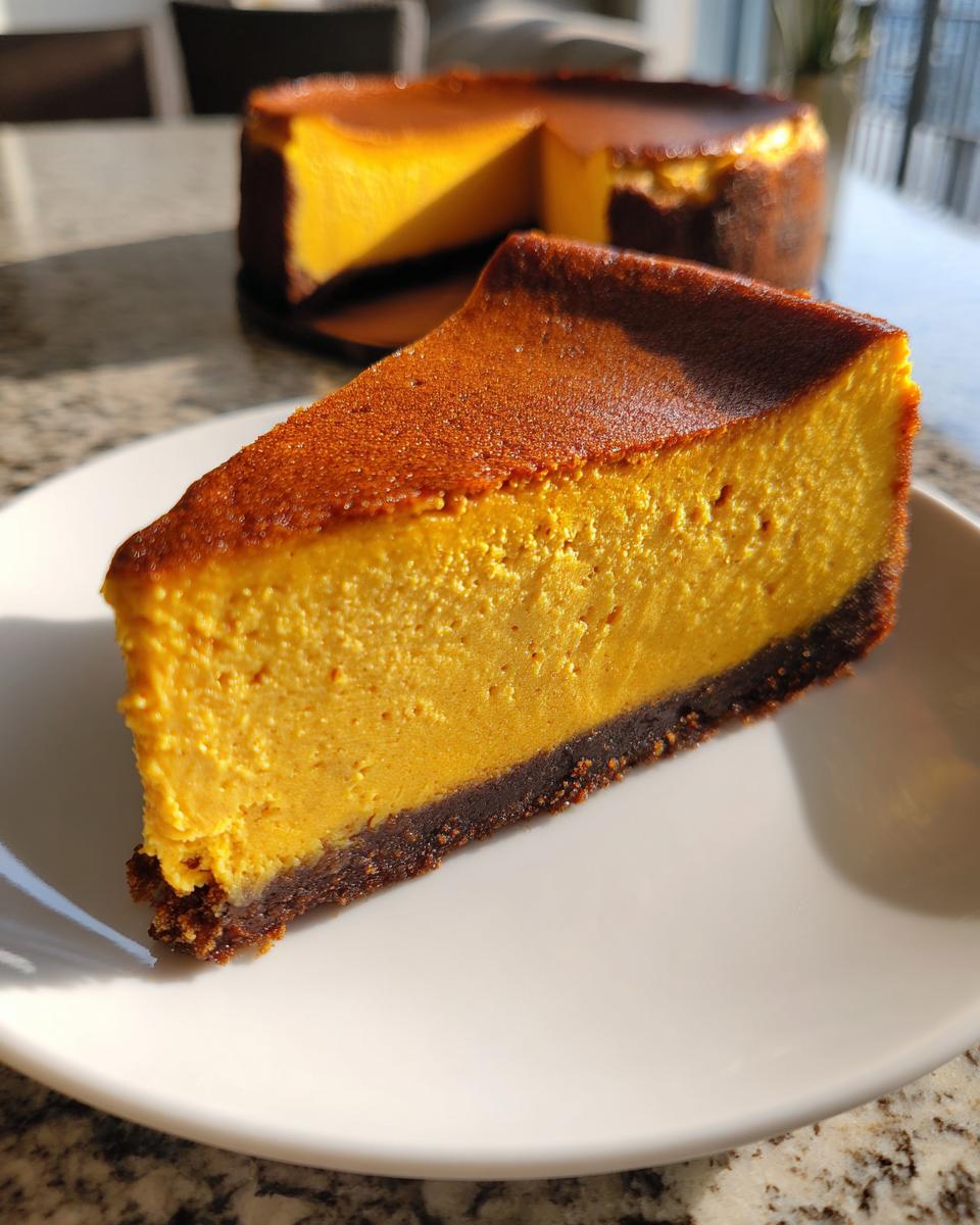 Close-up of a rich, orange slice of pumpkin cheesecake with a dark chocolate crust on a white plate.