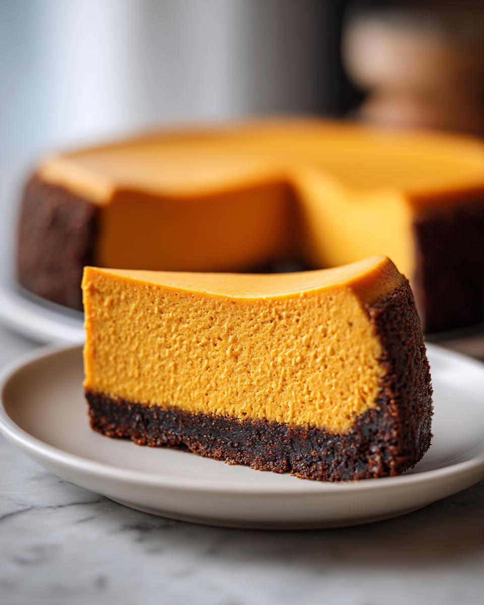 A close-up of a perfect slice of pumpkin cheesecake showing the bright orange filling and dark chocolate crust.