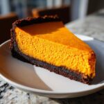 A perfect slice of bright orange pumpkin cheesecake with a dark chocolate crust served on a white plate.