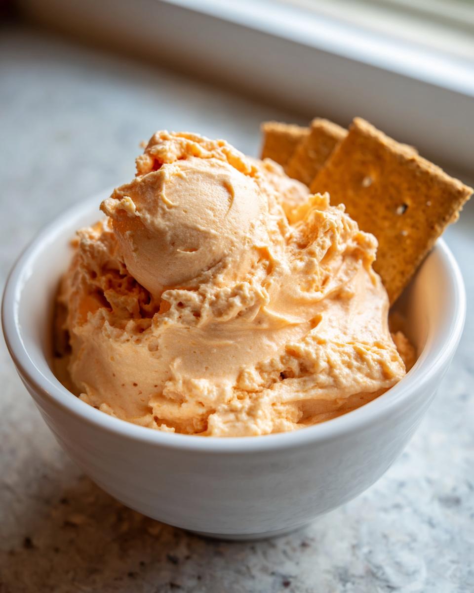 A white bowl filled with light orange, fluffy pumpkin fluff dessert served with graham crackers.