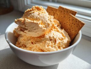 A white bowl filled with light orange pumpkin fluff dip served with graham crackers for dipping.