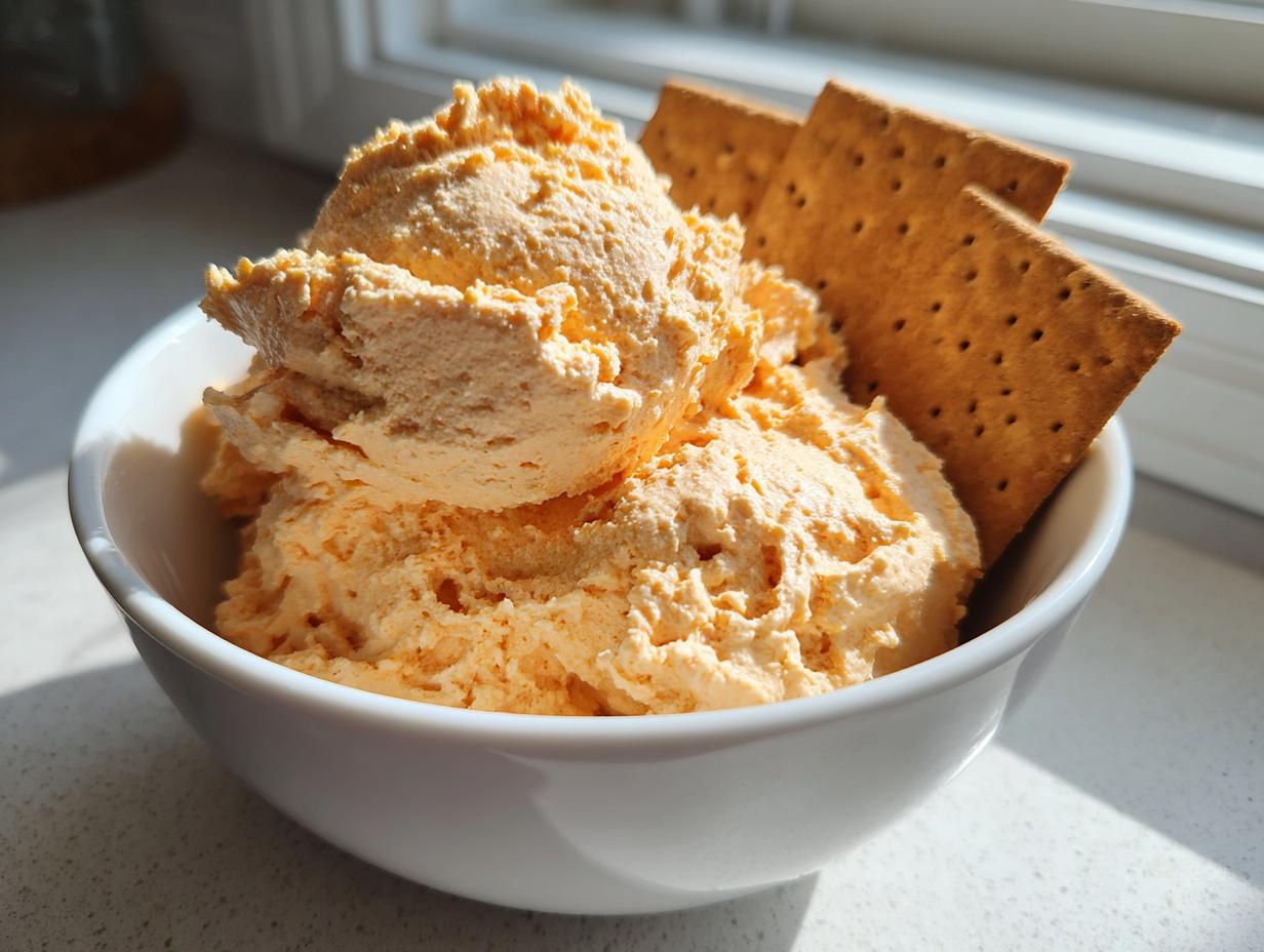 A white bowl filled with light orange pumpkin fluff dip served with graham crackers for dipping.