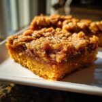 A close-up, sunlit view of a square slice of rich, orange pumpkin pecan cobbler with a crumbly topping.