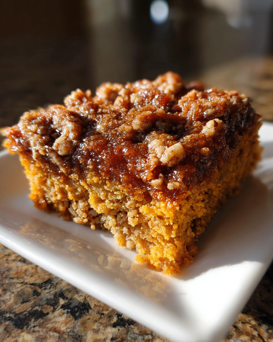 Close-up of a square slice of moist pumpkin pecan cobbler with a sticky, caramelized pecan topping.