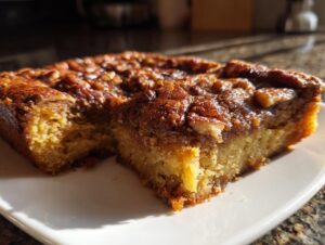 Close-up of a moist slice of pumpkin pecan cobbler showing the cake texture and gooey pecan topping.