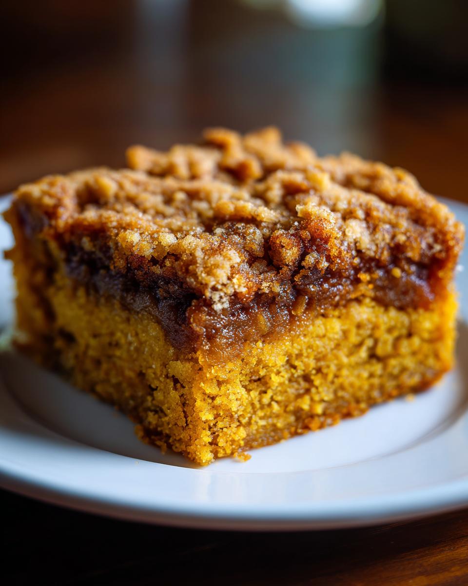 Close-up of a square slice of moist pumpkin pecan cobbler with a rich, dark pecan topping on a white plate.