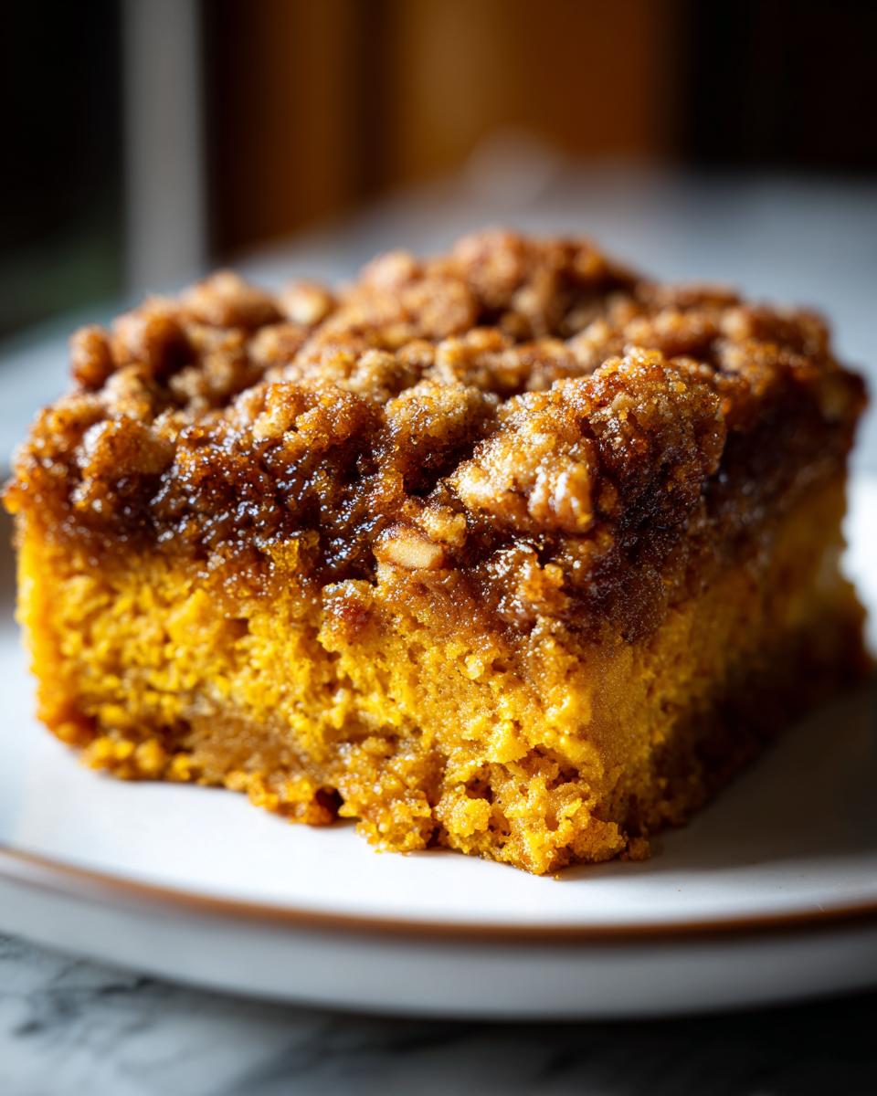 A close-up shot of a moist, square slice of pumpkin pecan cobbler showing its bright orange base and thick, sugary pecan crumble topping.