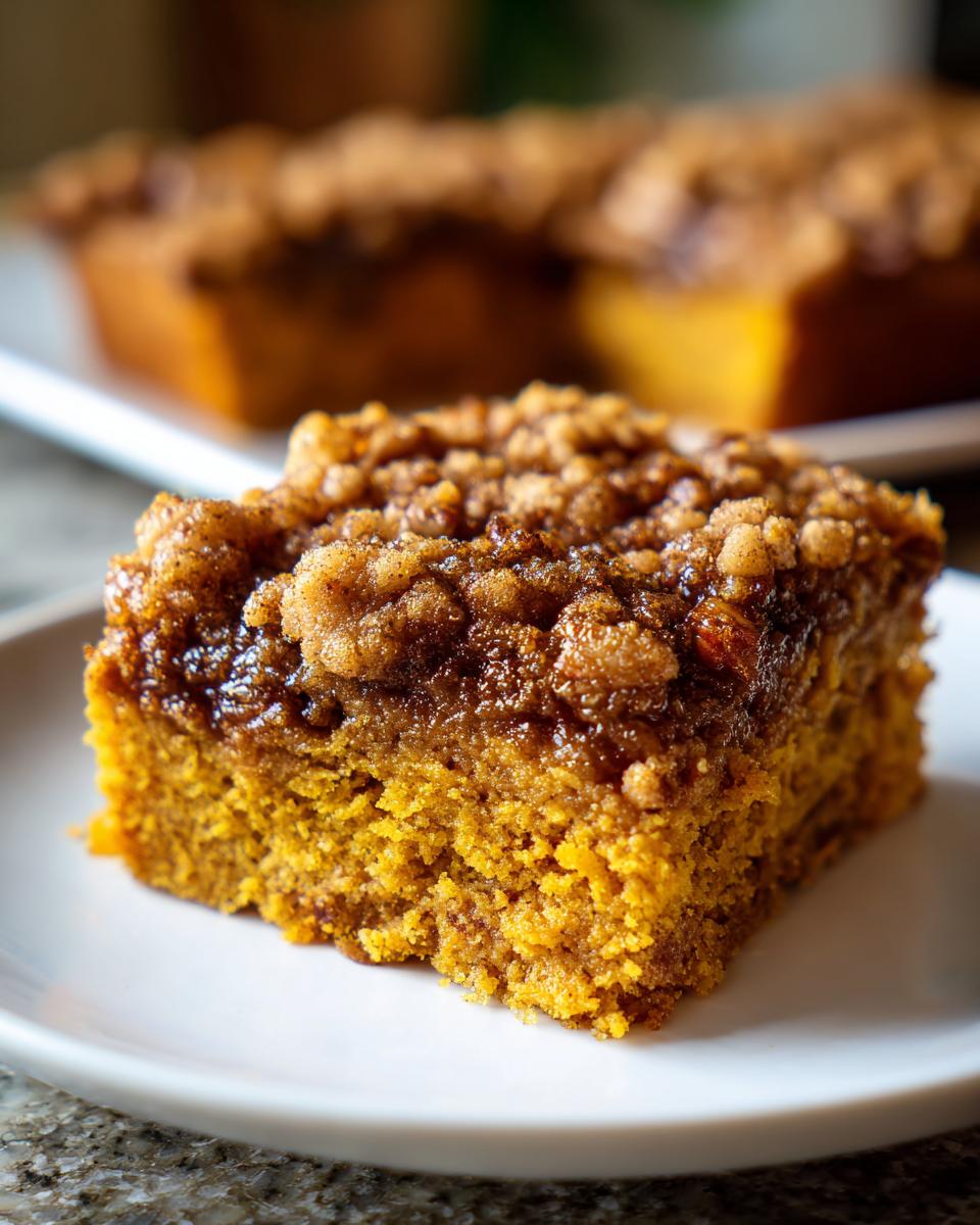 Close-up of a moist slice of pumpkin pecan cobbler featuring a rich, dark brown streusel topping.