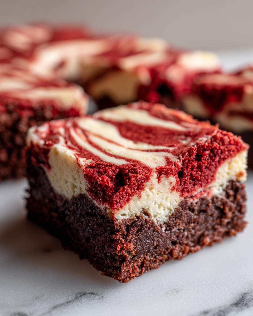 A single square of red velvet cheesecake brownies showing rich chocolate base and swirled red and cream topping.