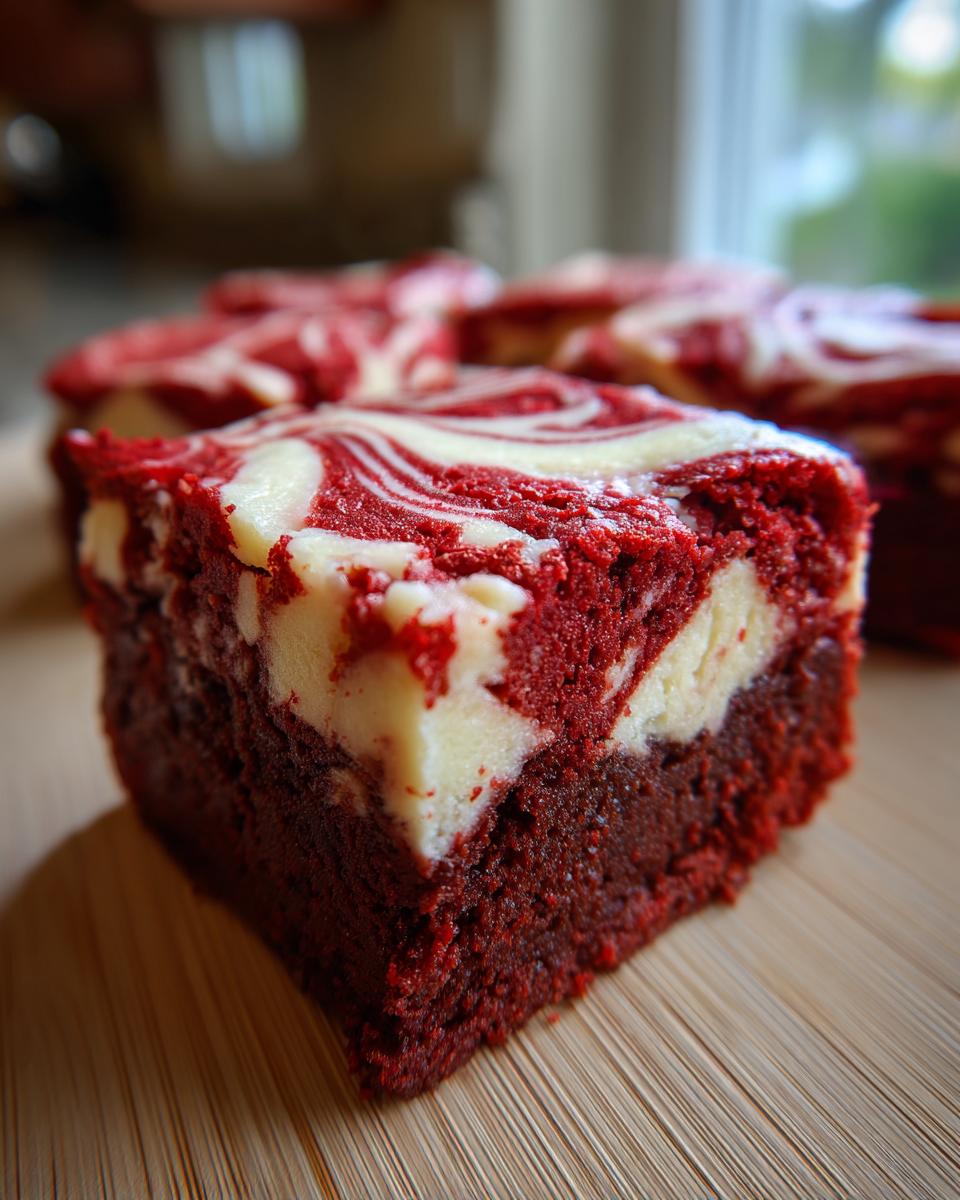 A rich, square slice of red velvet cheesecake brownies featuring a deep red base and white cream cheese swirl topping.