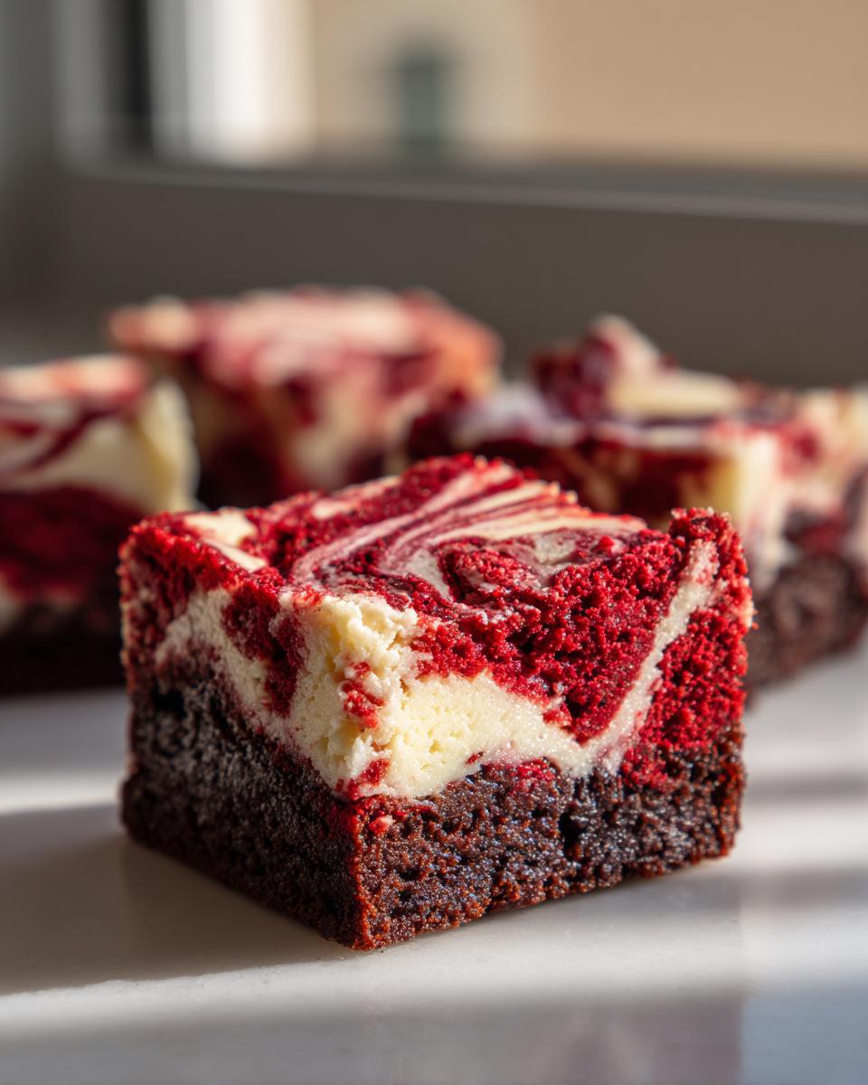 A close-up, square slice of red velvet cheesecake brownies showing a dark brownie base and a bright red and white swirled top.