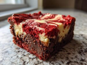 A single, thick square of red velvet cheesecake brownies showing a rich chocolate base and a marbled red and cream cheese topping.