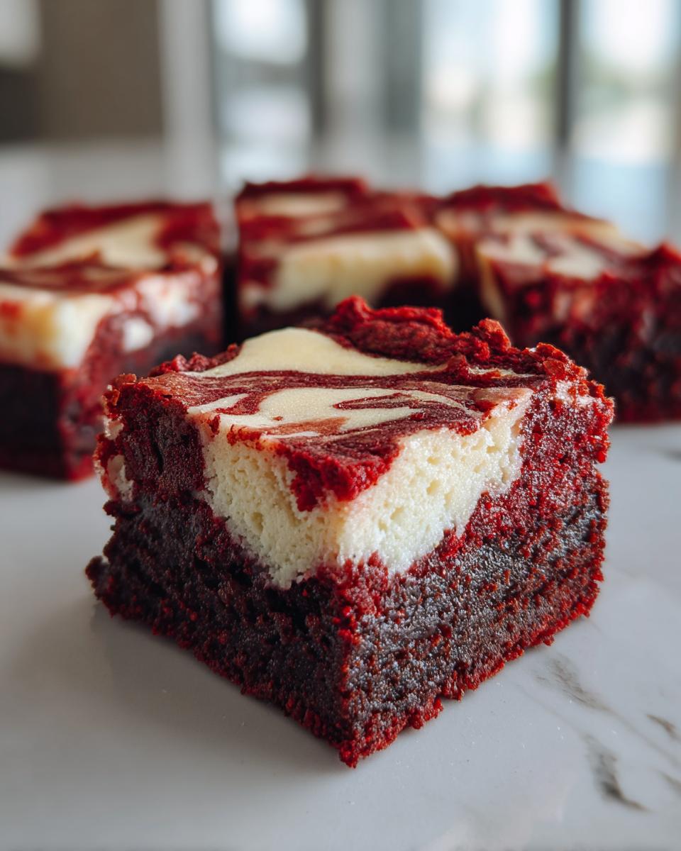 A close-up, decadent square of red velvet cheesecake brownies showing the rich red base and swirled cream cheese topping.