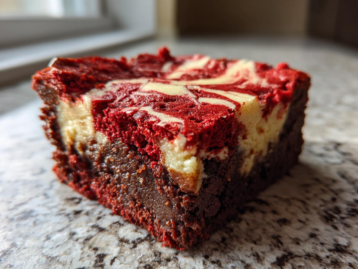A single, thick square of red velvet cheesecake brownies showing a rich chocolate base and a marbled red and cream cheese topping.