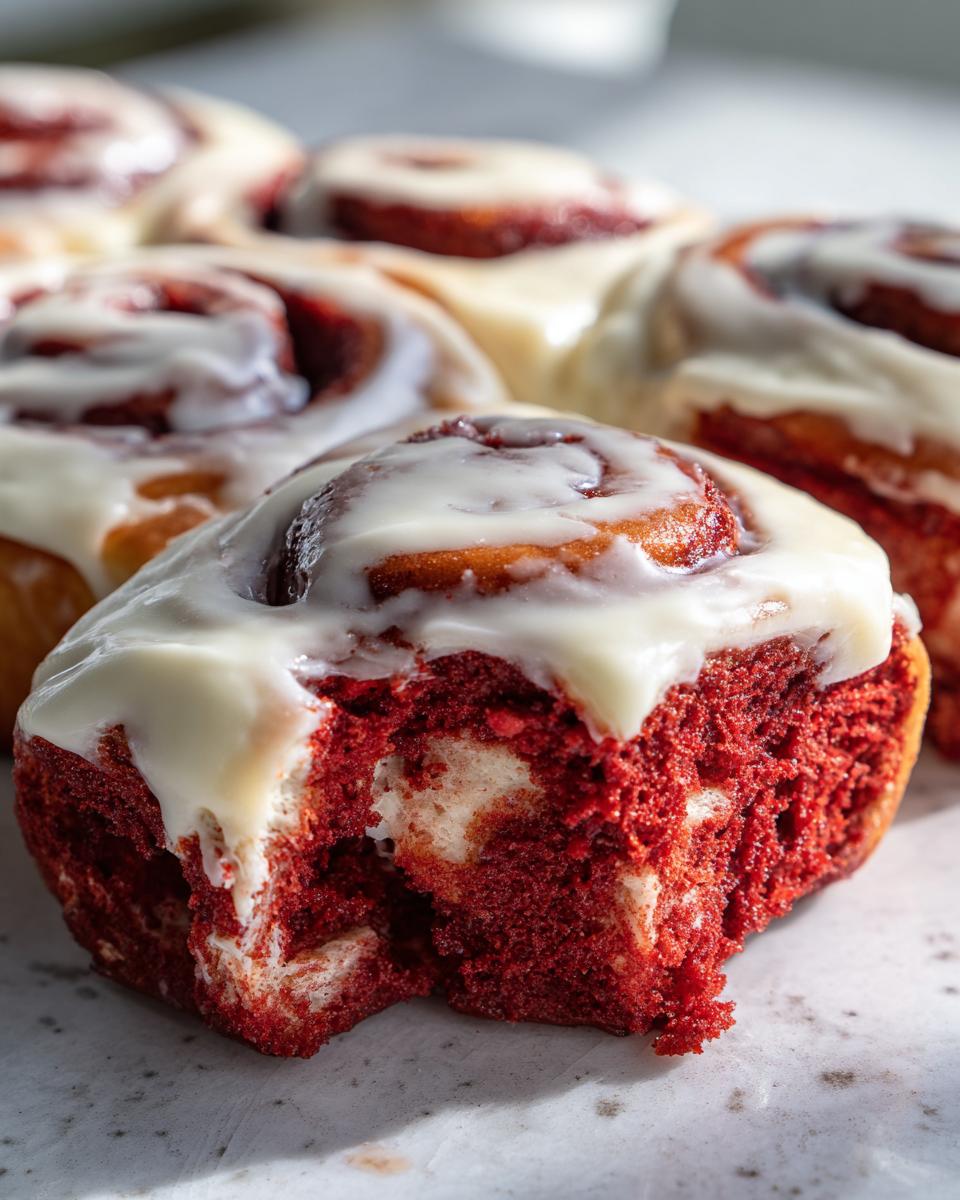 A close-up shot of a red velvet cinnamon roll with a bite taken out, revealing the bright red interior and cream cheese frosting.